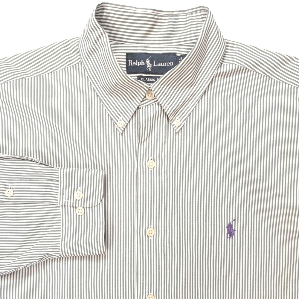 Ralph Lauren Mens Classic Striped Button Down Shirt Large Green White Pony Logo